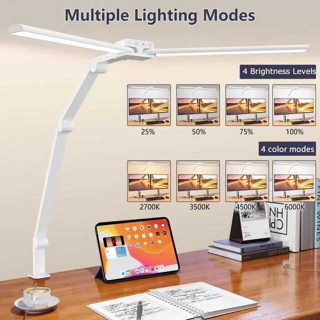 Alt view image 5 of 7 - Desk Lamp,Double Head Desk Lamp with Clamp,24W Led Desk Lights for Home Office Ultra Bright Architect Table Lamp 4 Brightness 4 Color,Auto Dimming Task Lamp for Monitor Work Study - White