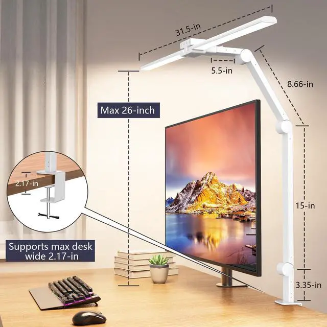 Alt view image 6 of 7 - Desk Lamp,Double Head Desk Lamp with Clamp,24W Led Desk Lights for Home Office Ultra Bright Architect Table Lamp 4 Brightness 4 Color,Auto Dimming Task Lamp for Monitor Work Study - White