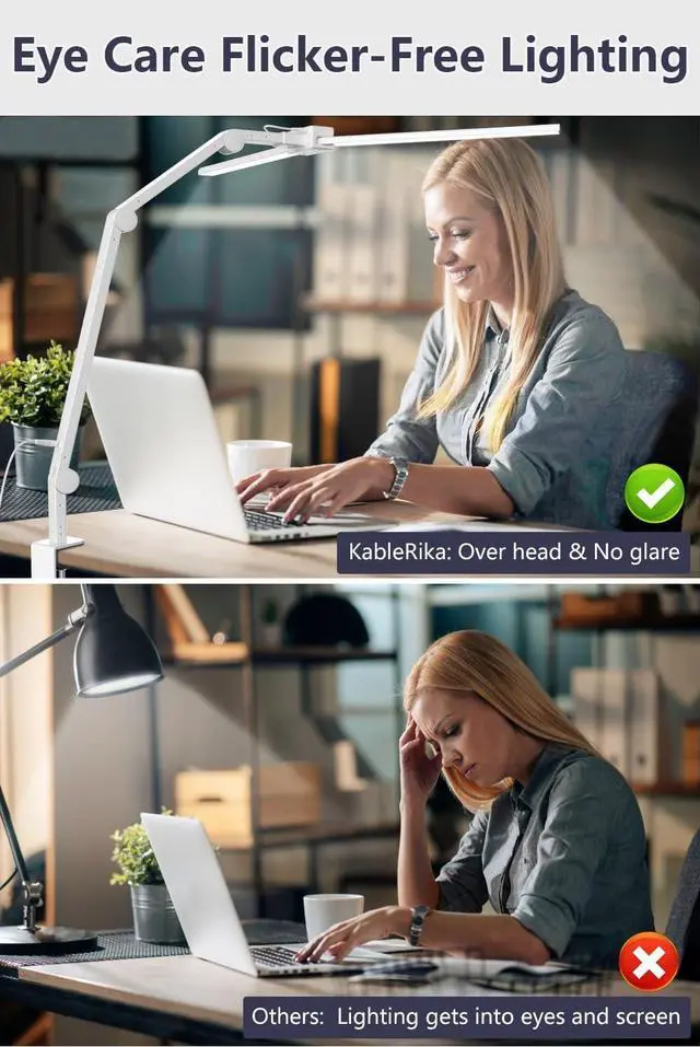 Alt view image 7 of 7 - Desk Lamp,Double Head Desk Lamp with Clamp,24W Led Desk Lights for Home Office Ultra Bright Architect Table Lamp 4 Brightness 4 Color,Auto Dimming Task Lamp for Monitor Work Study - White