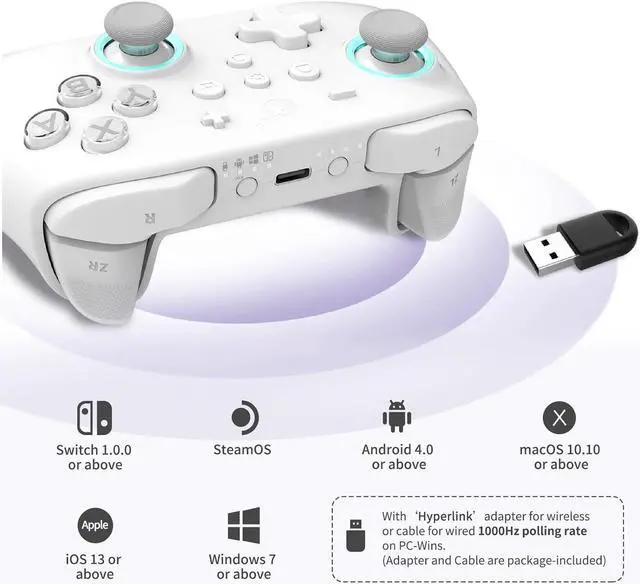 Alt view image 2 of 6 - Bluetooth Controller, 4 Back Buttons,Hall Joysticks and Triggers,Maglev/Rotor/HD Vibration,1000Hz Polling Rate for Wins,Compatible with Switch/Android/iOS/macOS/Steam Deck- White