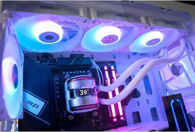 Alt view image 5 of 5 - ALSEYE Infinity i360 AIO CPU Liquid Cooler, Dual Pumps System CPU Water Cooler with Temperature Display Screen, 360mm Radiator & Three Snap-in Connection Wireless ARGB & PWM Case Fans - White