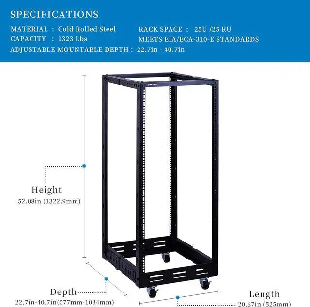 Alt view image 2 of 6 - 25U Open Frame Server Rack  Heavy Duty 4 Post Adjustable Depth with Casters