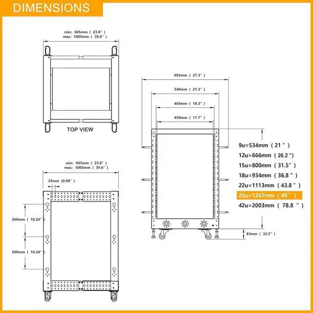 Alt view image 5 of 7 - 25U 19 Adjustable Depth Server Rack Support Up to 1700LBS Floor Standing 4 Posts Construction with Load-Bearing Casters Universal for Network Equipment Black