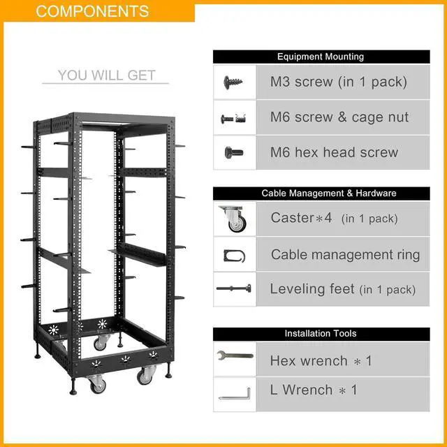 Alt view image 6 of 7 - 25U 19 Adjustable Depth Server Rack Support Up to 1700LBS Floor Standing 4 Posts Construction with Load-Bearing Casters Universal for Network Equipment Black