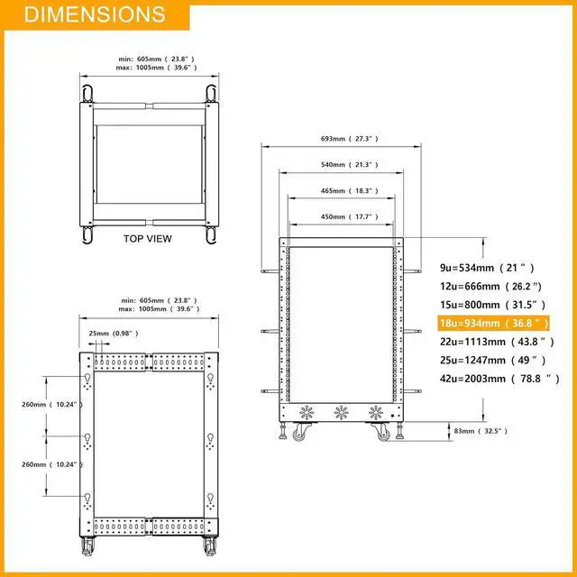 Alt view image 5 of 7 - 18U 19 Adjustable Depth Server Rack Support Up to 1700LBS Floor Standing 4 Posts Construction with Load-Bearing Casters Universal for Network Equipment Black