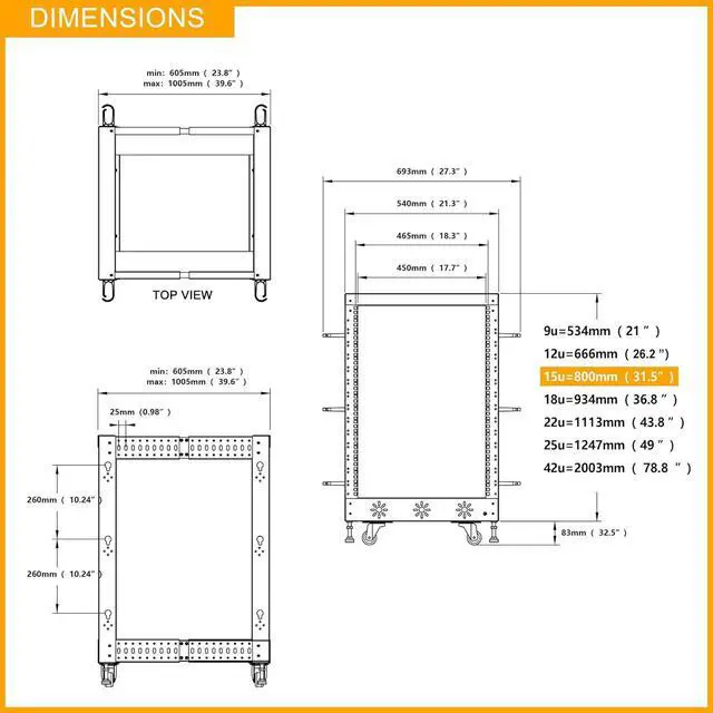 Alt view image 5 of 7 - 15U 19 Adjustable Depth Server Rack Support Up to 1700LBS Floor Standing 4 Posts Construction with Load-Bearing Casters Universal for Network Equipment Black