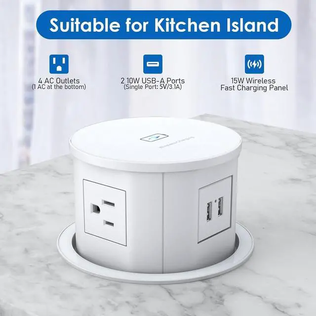 Alt view image 2 of 7 - Automatic Pop Up Countertop Outlet with 15W Wireless Charger,4 Outlets,2 USB Ports,4.75" Pop Up Electrical Outlet,Home Office Power Supply,Suit Kitchen Island RV Office Conference Table