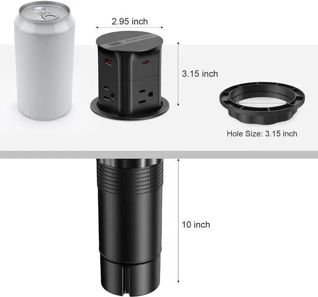 Alt view image 6 of 7 - Automatic Pop Up Countertop Outlet with 15W Wireless Charger,4 AC, 2 USB A and 2 USB C,Max 20W Power Delivery 3.15inch Desk Power Grommet,9-in-1 Power Strip for Home/Office Black