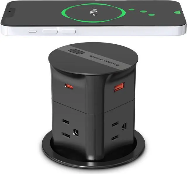 Main image of Automatic Pop Up Countertop Outlet with 15W Wireless Charger,4 AC, 2 USB A and 2 USB C,Max 20W Power Delivery 3.15inch Desk Power Grommet,9-in-1 Power Strip for Home/Office Black