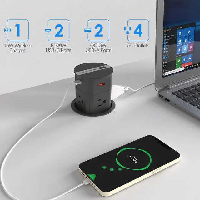Alt view image 2 of 7 - Automatic Pop Up Countertop Outlet with 15W Wireless Charger,4 AC, 2 USB A and 2 USB C,Max 20W Power Delivery 3.15inch Desk Power Grommet,9-in-1 Power Strip for Home/Office Black