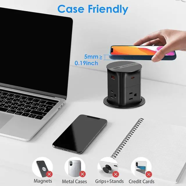 Alt view image 7 of 7 - Automatic Pop Up Countertop Outlet with 15W Wireless Charger,4 AC, 2 USB A and 2 USB C,Max 20W Power Delivery 3.15inch Desk Power Grommet,9-in-1 Power Strip for Home/Office Black