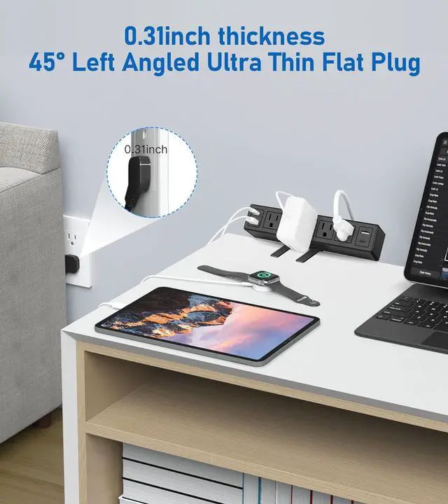Alt view image 4 of 7 - Desk Clamp Power Strip with PD20W USB-C,Total 40W Fast Charging Desk Edge Power Strip Surge Protector 1200J,Desk Mount Power Strip,5 Outlets,2 USB-C,2 USB-A,6FT 45° Ultra Flat Plug,Fit 1.65" Tabletop
