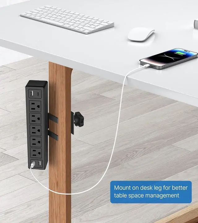 Alt view image 5 of 7 - Desk Clamp Power Strip with PD20W USB-C,Total 40W Fast Charging Desk Edge Power Strip Surge Protector 1200J,Desk Mount Power Strip,5 Outlets,2 USB-C,2 USB-A,6FT 45° Ultra Flat Plug,Fit 1.65" Tabletop