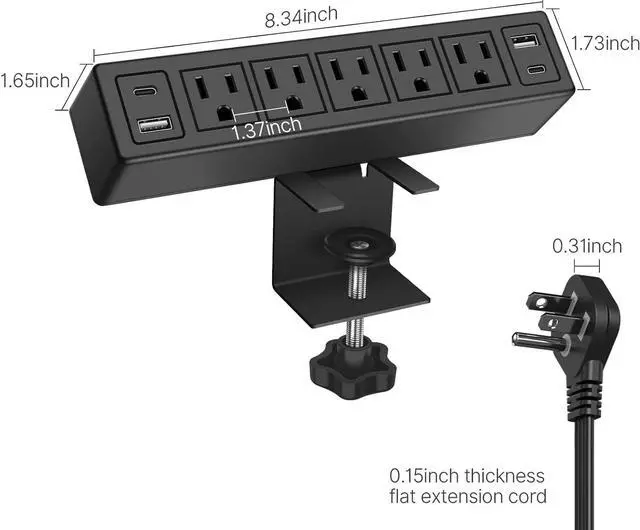 Alt view image 7 of 7 - Desk Clamp Power Strip with PD20W USB-C,Total 40W Fast Charging Desk Edge Power Strip Surge Protector 1200J,Desk Mount Power Strip,5 Outlets,2 USB-C,2 USB-A,6FT 45° Ultra Flat Plug,Fit 1.65" Tabletop