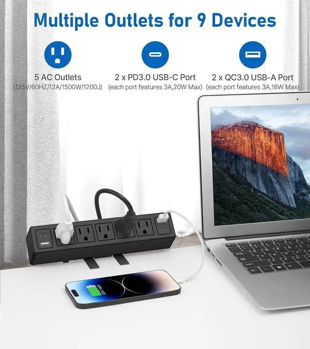 Alt view image 3 of 7 - Desk Clamp Power Strip with PD20W USB-C,Total 40W Fast Charging Desk Edge Power Strip Surge Protector 1200J,Desk Mount Power Strip,5 Outlets,2 USB-C,2 USB-A,6FT 45° Ultra Flat Plug,Fit 1.65" Tabletop