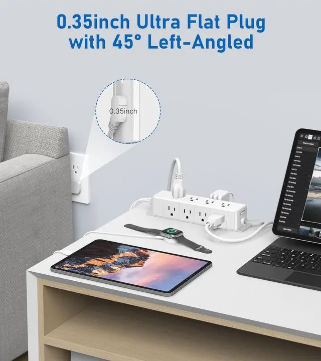 Alt view image 4 of 7 - 30W USB C Power Strip Surge Protector,Ultra Thin Flat Plug Power Strip 4 Side 12 Outlets,1 PD Fast Charing,2 USB-C, 2 USB-A(4 USB Total 40W),6ft Slim Extension Cord,16 in 1 Desk Power Bar,1200J White