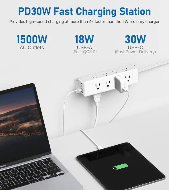 Alt view image 3 of 7 - 30W USB C Power Strip Surge Protector,Ultra Thin Flat Plug Power Strip 4 Side 12 Outlets,1 PD Fast Charing,2 USB-C, 2 USB-A(4 USB Total 40W),6ft Slim Extension Cord,16 in 1 Desk Power Bar,1200J White