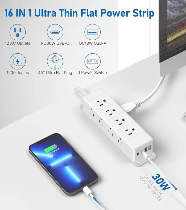 Alt view image 2 of 7 - 30W USB C Power Strip Surge Protector,Ultra Thin Flat Plug Power Strip 4 Side 12 Outlets,1 PD Fast Charing,2 USB-C, 2 USB-A(4 USB Total 40W),6ft Slim Extension Cord,16 in 1 Desk Power Bar,1200J White