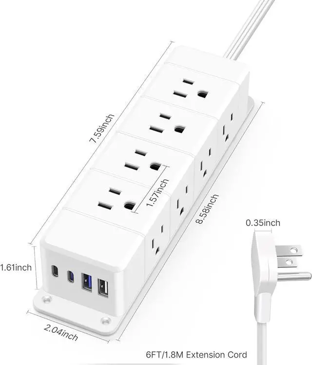 Alt view image 7 of 7 - 30W USB C Power Strip Surge Protector,Ultra Thin Flat Plug Power Strip 4 Side 12 Outlets,1 PD Fast Charing,2 USB-C, 2 USB-A(4 USB Total 40W),6ft Slim Extension Cord,16 in 1 Desk Power Bar,1200J White
