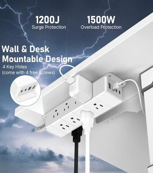 Alt view image 6 of 7 - 30W USB C Power Strip Surge Protector,Ultra Thin Flat Plug Power Strip 4 Side 12 Outlets,1 PD Fast Charing,2 USB-C, 2 USB-A(4 USB Total 40W),6ft Slim Extension Cord,16 in 1 Desk Power Bar,1200J White