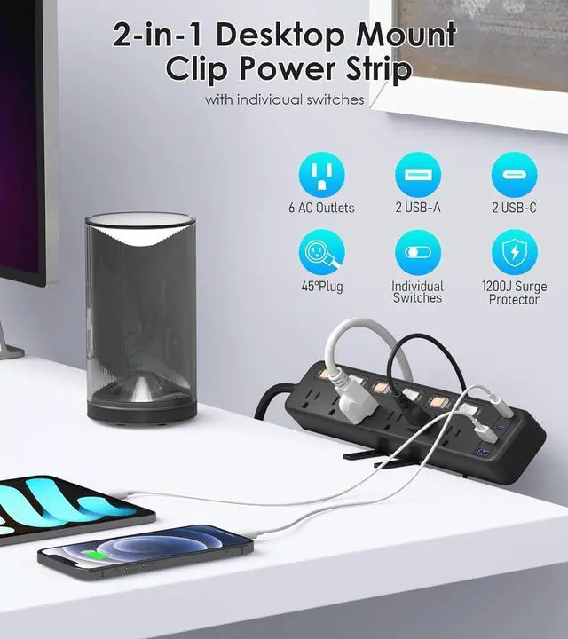 Alt view image 4 of 7 - Clamp Power Strip Standing Desk with 30W USB C, 2 in 1 Clip Desktop Surge Protector Edge Mount Outlet with 6 Individual Switches, Fit 2.6 inch Table Top, 6 FT Extension Cord Flat Plug, 1200J