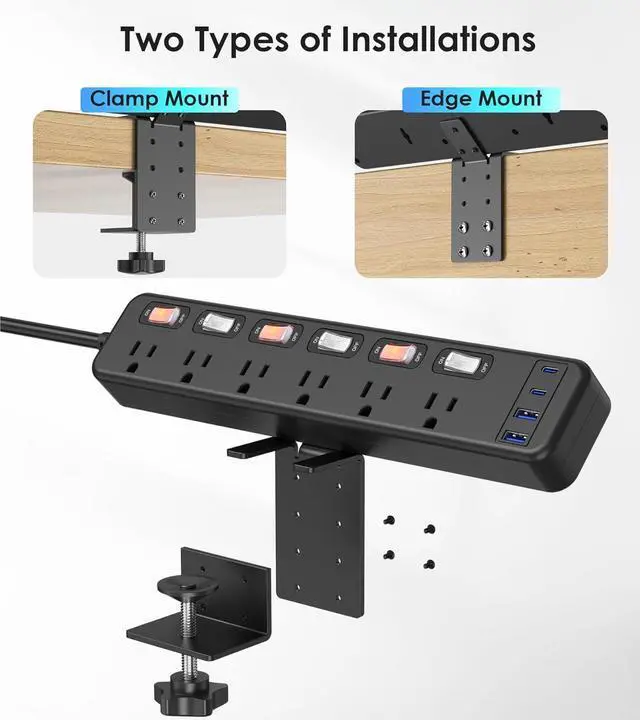 Alt view image 2 of 7 - Clamp Power Strip Standing Desk with 30W USB C, 2 in 1 Clip Desktop Surge Protector Edge Mount Outlet with 6 Individual Switches, Fit 2.6 inch Table Top, 6 FT Extension Cord Flat Plug, 1200J