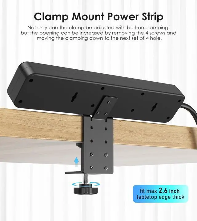 Alt view image 6 of 7 - Clamp Power Strip Standing Desk with 30W USB C, 2 in 1 Clip Desktop Surge Protector Edge Mount Outlet with 6 Individual Switches, Fit 2.6 inch Table Top, 6 FT Extension Cord Flat Plug, 1200J