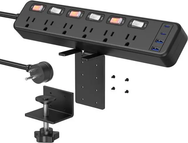 Main image of Clamp Power Strip Standing Desk with 30W USB C, 2 in 1 Clip Desktop Surge Protector Edge Mount Outlet with 6 Individual Switches, Fit 2.6 inch Table Top, 6 FT Extension Cord Flat Plug, 1200J