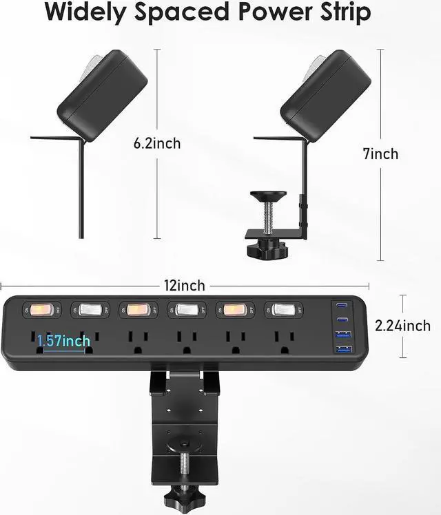 Alt view image 7 of 7 - Clamp Power Strip Standing Desk with 30W USB C, 2 in 1 Clip Desktop Surge Protector Edge Mount Outlet with 6 Individual Switches, Fit 2.6 inch Table Top, 6 FT Extension Cord Flat Plug, 1200J