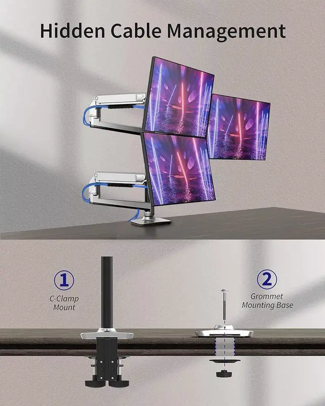 Alt view image 5 of 6 - Triple Monitor Mount - Adjustable 3 Monitor Desk Mount, Triple Monitor Stand for Screens up to 40 Inches Within 25 lbs, Monitor Arm for 3 Monitors with C-Clamp and Grommet Base - Silver