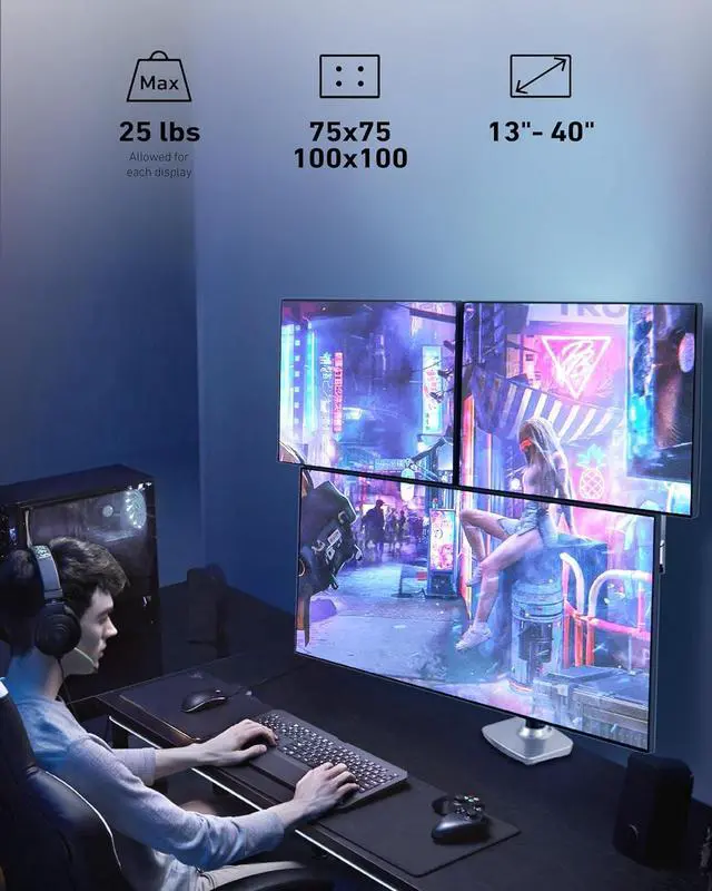 Alt view image 6 of 6 - Triple Monitor Mount - Adjustable 3 Monitor Desk Mount, Triple Monitor Stand for Screens up to 40 Inches Within 25 lbs, Monitor Arm for 3 Monitors with C-Clamp and Grommet Base - Silver