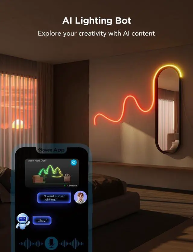 Alt view image 6 of 7 - Govee Neon Lights 2, RGBIC Neon Rope Light Works with Matter, Alexa, Google Assistant, Custom DIY Neon Strip Lights for Bedroom and Wall Decor, Shape Mapping, Softer Material, 16.4ft, Black