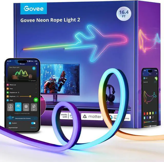 Main image of Govee Neon Lights 2, RGBIC Neon Rope Light Works with Matter, Alexa, Google Assistant, Custom DIY Neon Strip Lights for Bedroom and Wall Decor, Shape Mapping, Softer Material, 16.4ft, Black