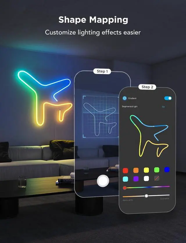 Alt view image 4 of 7 - Govee Neon Lights 2, RGBIC Neon Rope Light Works with Matter, Alexa, Google Assistant, Custom DIY Neon Strip Lights for Bedroom and Wall Decor, Shape Mapping, Softer Material, 16.4ft, Black