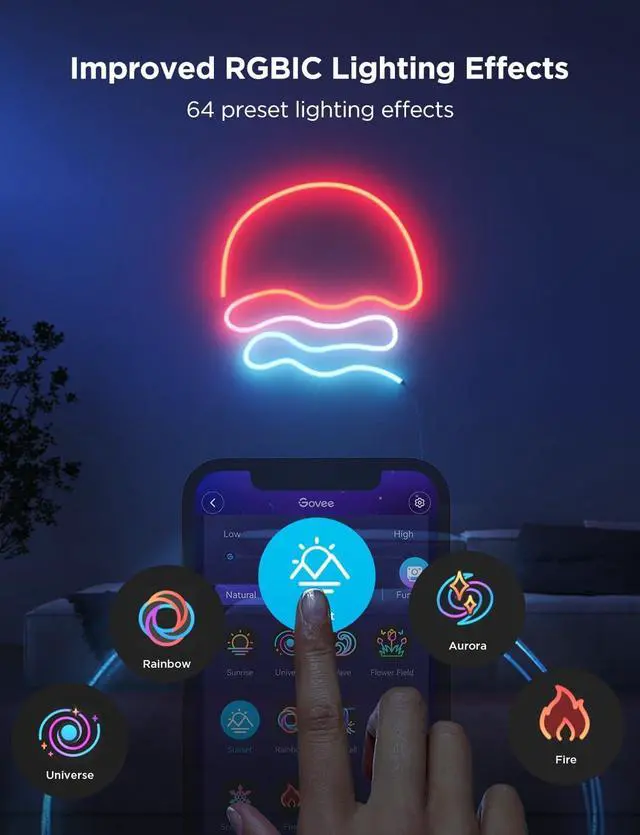 Alt view image 5 of 7 - Govee Neon Lights 2, RGBIC Neon Rope Light Works with Matter, Alexa, Google Assistant, Custom DIY Neon Strip Lights for Bedroom and Wall Decor, Shape Mapping, Softer Material, 16.4ft, Black