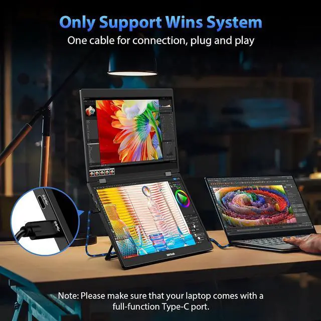 Alt view image 2 of 7 - Triple Laptop Screen Extender, 15.6" 1080P FHD IPS Folding Stacked Portable Monitor, USB C HDMI Travel Extended Computer Display w/VESA, 180°Rotation, Plug & Play for PCs (Wins Only)