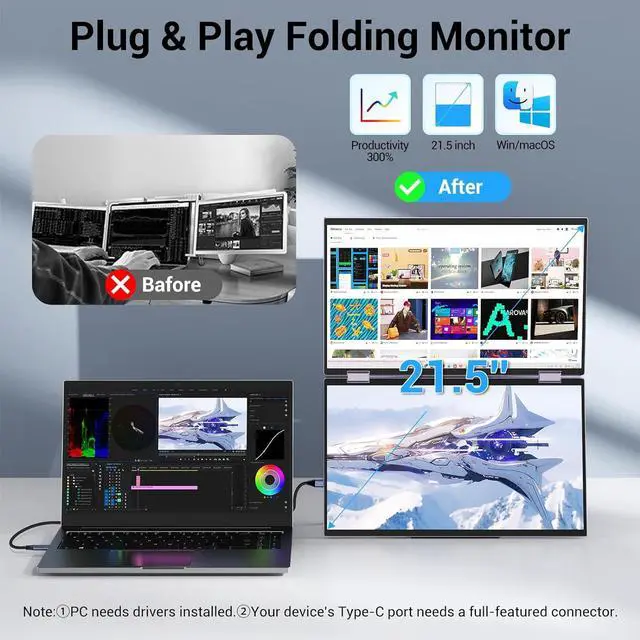 Alt view image 2 of 6 - Laptop Screen Extender 15.6" Dual Monitors Stacked Folding Triple Monitor (Wins/Mac) 1080P Triple Portable Monitor for Laptop 90°/180° Automatic Rotation Black