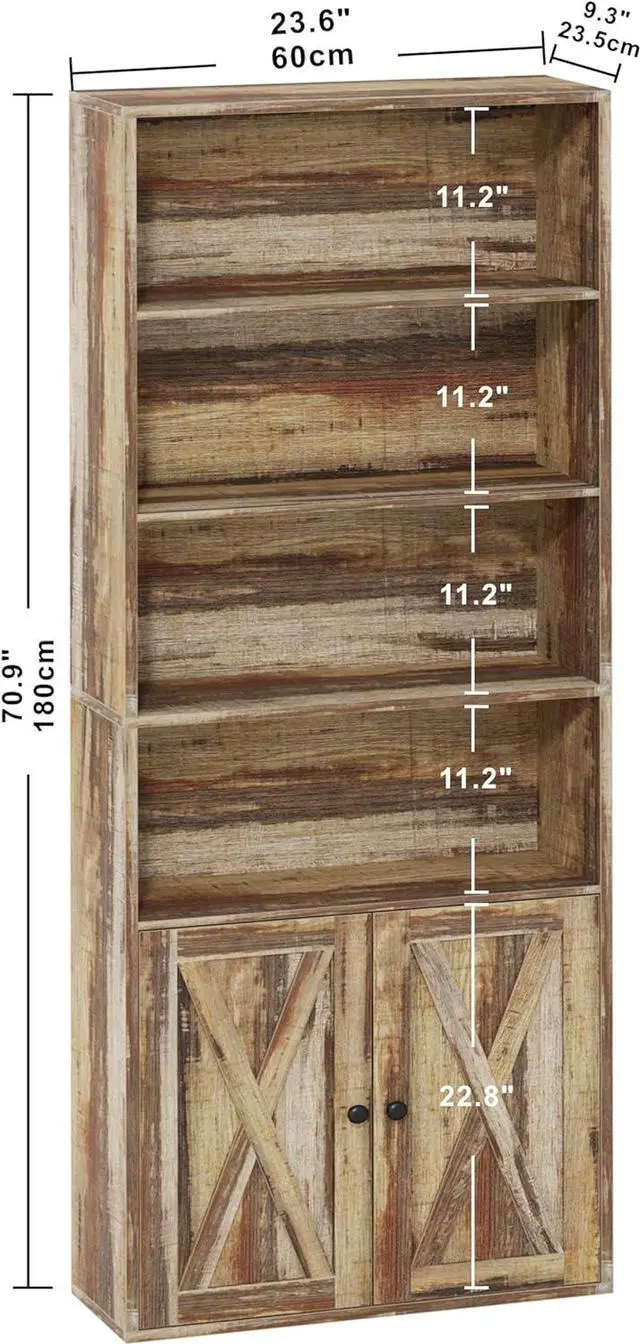Alt view image 3 of 7 - Industrial Bookshelves and Bookcases with Doors Floor Standing 6 Shelf Display Storage Shelves 70 in Tall Bookcase Home Decor Furniture for Home Office, Living Room