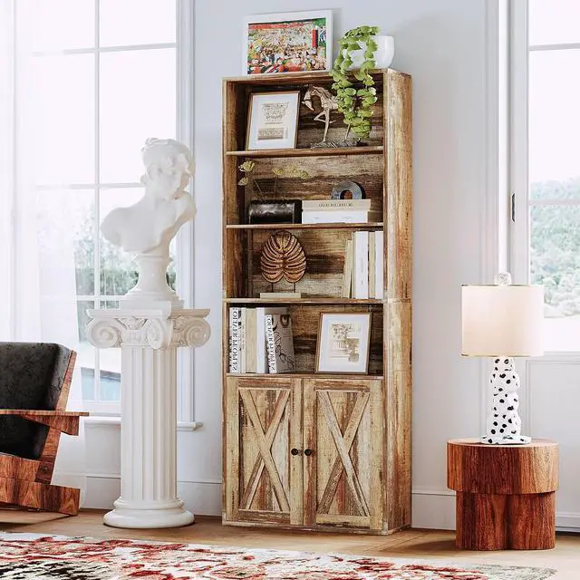 Alt view image 2 of 7 - Industrial Bookshelves and Bookcases with Doors Floor Standing 6 Shelf Display Storage Shelves 70 in Tall Bookcase Home Decor Furniture for Home Office, Living Room