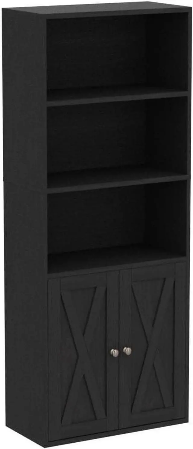 Main image of Industrial Bookshelves and Bookcases with Doors 11.8in Depth Floor Standing 5 Shelf Display Storage Shelves Bookcase Home Decor Furniture for Home, Office Black