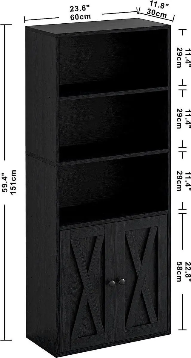 Alt view image 3 of 7 - Industrial Bookshelves and Bookcases with Doors 11.8in Depth Floor Standing 5 Shelf Display Storage Shelves Bookcase Home Decor Furniture for Home, Office Black