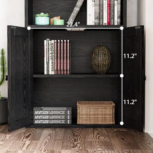 Alt view image 6 of 7 - Industrial Bookshelves and Bookcases with Doors 11.8in Depth Floor Standing 5 Shelf Display Storage Shelves Bookcase Home Decor Furniture for Home, Office Black