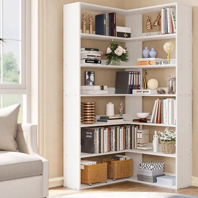 Alt view image 2 of 7 - Bookshelves 6 Tiers with Baffles Industrial Large Corner Etagere Bookcase Storage Display Rack for Living Room Home Office White