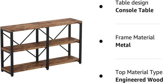 Alt view image 5 of 7 - Rustic Entryway Console Table, Long Hallway Table 55 in 3-Tier, TV Stand Entertainment Center Media Stand for Living Room, Industrial Style, Vintage Brown