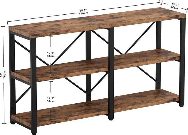 Alt view image 3 of 7 - Rustic Entryway Console Table, Long Hallway Table 55 in 3-Tier, TV Stand Entertainment Center Media Stand for Living Room, Industrial Style, Vintage Brown