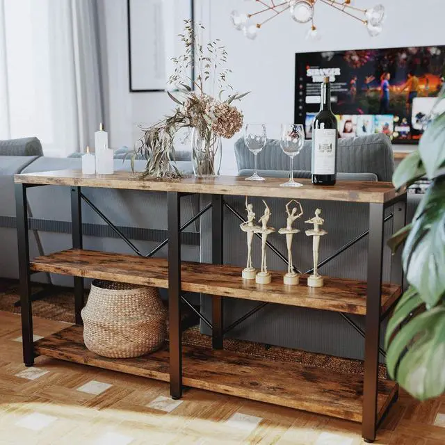 Alt view image 6 of 7 - Rustic Entryway Console Table, Long Hallway Table 55 in 3-Tier, TV Stand Entertainment Center Media Stand for Living Room, Industrial Style, Vintage Brown