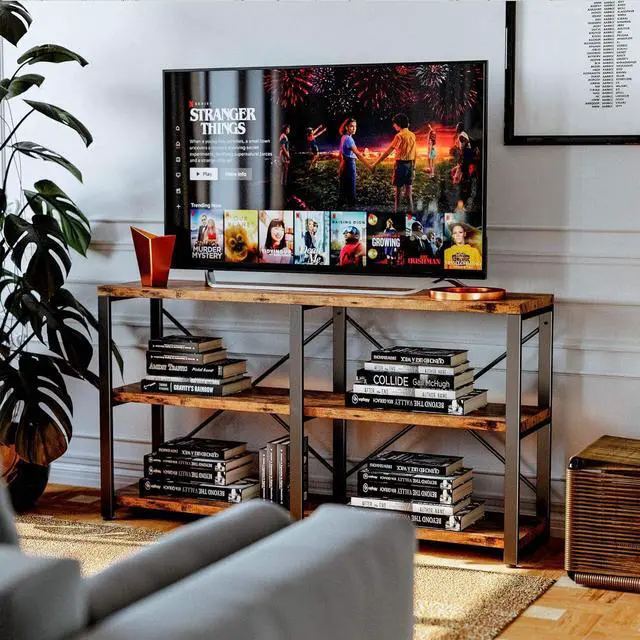 Alt view image 7 of 7 - Rustic Entryway Console Table, Long Hallway Table 55 in 3-Tier, TV Stand Entertainment Center Media Stand for Living Room, Industrial Style, Vintage Brown