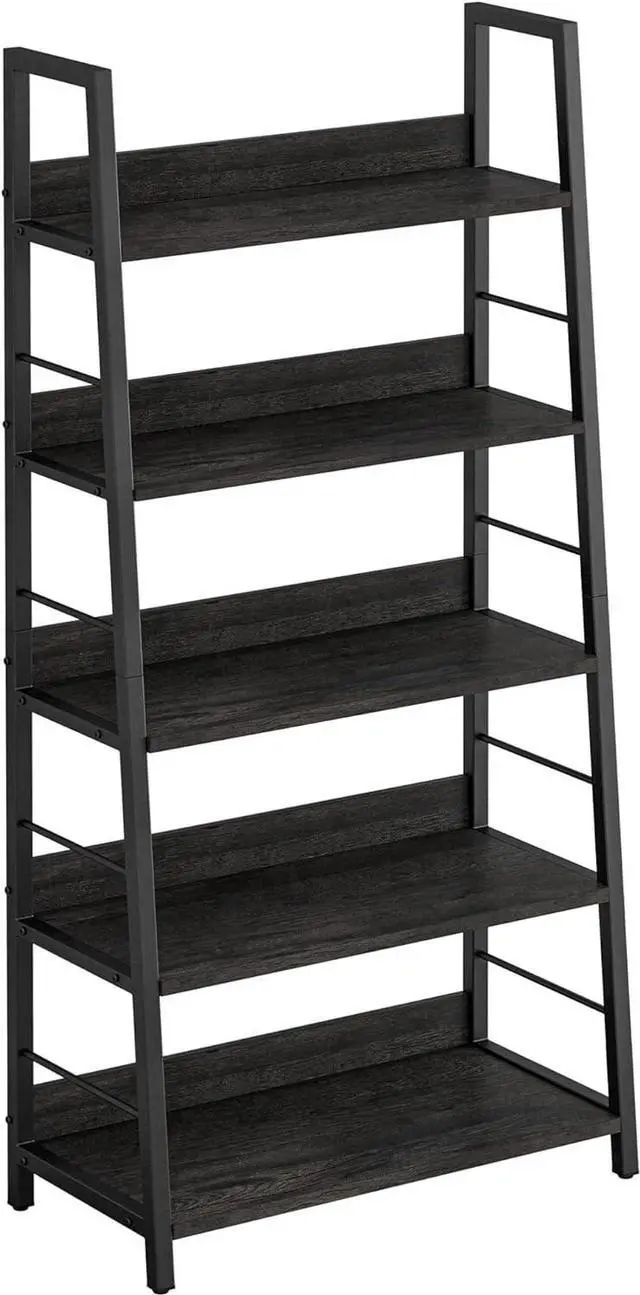 Main image of Industrial Bookshelves and Bookcases, Ladder Shelf 5 Tier with Metal Frame for Living Room, Home Office, Charcoal Grey