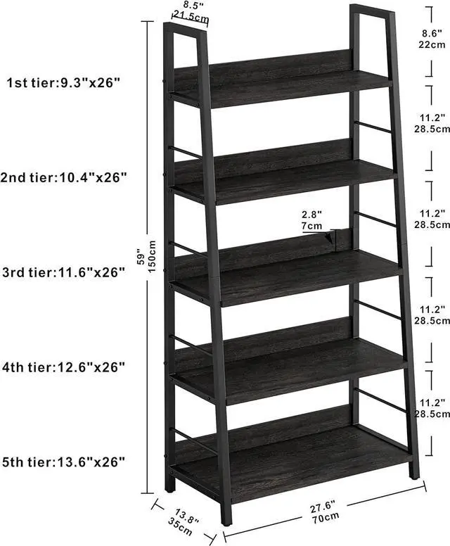Alt view image 3 of 5 - Industrial Bookshelves and Bookcases, Ladder Shelf 5 Tier with Metal Frame for Living Room, Home Office, Charcoal Grey