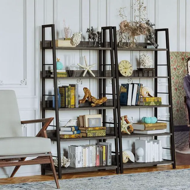 Alt view image 4 of 5 - Industrial Bookshelves and Bookcases, Ladder Shelf 5 Tier with Metal Frame for Living Room, Home Office, Charcoal Grey